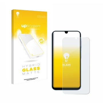 Vorderseite einer Produktverpackung mit dem Markenlogo upscreen. Daneben ist das Gerät Samsung Galaxy A15 5G mit dem zugehörig