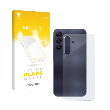 Vorderseite einer Produktverpackung mit dem Markenlogo upscreen. Daneben ist das Gerät Samsung Galaxy A25 5G (Rückseite) mit d