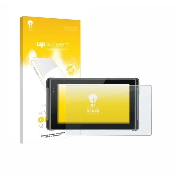 Vorderseite einer Produktverpackung mit dem Markenlogo upscreen. Daneben ist das Gerät Hugerock X7 mit dem zugehörigen Display