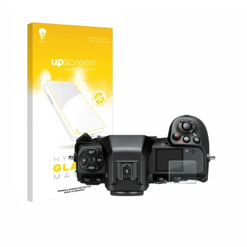 Vorderseite einer Produktverpackung mit dem Markenlogo upscreen. Daneben ist das Gerät Nikon Z 8 (Schulterdisplay) mit dem zug