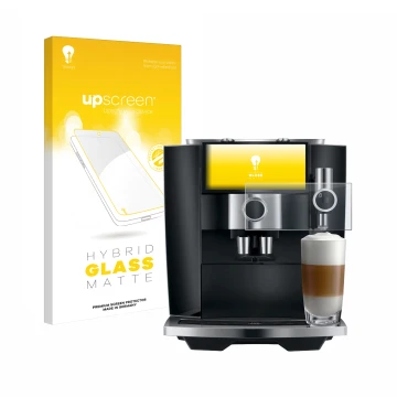 Vorderseite einer Produktverpackung mit dem Markenlogo upscreen. Daneben ist das Gerät Jura J8 twin mit dem zugehörigen Displa