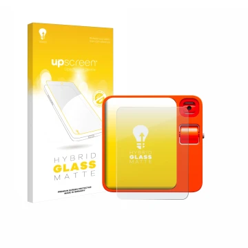 Vorderseite einer Produktverpackung mit dem Markenlogo upscreen. Daneben ist das Gerät rabbit r1 mit dem zugehörigen Displaysc