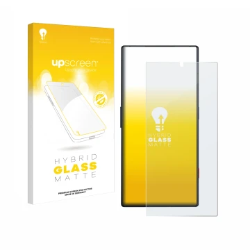 Vorderseite einer Produktverpackung mit dem Markenlogo upscreen. Daneben ist das Gerät ZTE Nubia Red Magic 8 Pro mit dem zugeh