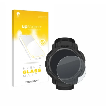 Vorderseite einer Produktverpackung mit dem Markenlogo upscreen. Daneben ist das Gerät Garmin Instinct Crossover AMOLED mit de