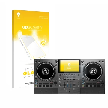 Vorderseite einer Produktverpackung mit dem Markenlogo upscreen. Daneben ist das Gerät Numark Mixstream Pro Go mit dem zugehör