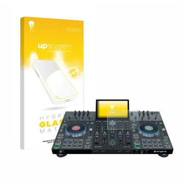 Vorderseite einer Produktverpackung mit dem Markenlogo upscreen. Daneben ist das Gerät Denon DJ Prime 4+ mit dem zugehörigen D