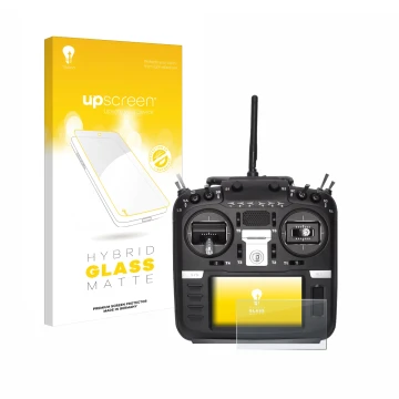 Vorderseite einer Produktverpackung mit dem Markenlogo upscreen. Daneben ist das Gerät Radiomaster TX16S Mark II mit dem zugeh
