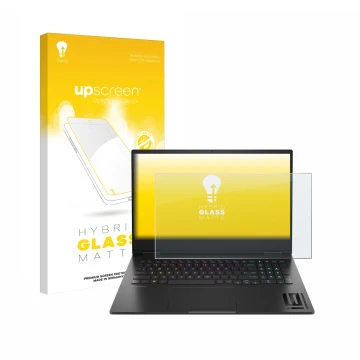 Vorderseite einer Produktverpackung mit dem Markenlogo upscreen. Daneben ist das Gerät HP Omen 16 2024 mit dem zugehörigen Dis