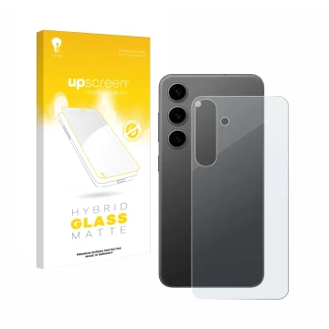 Vorderseite einer Produktverpackung mit dem Markenlogo upscreen. Daneben ist das Gerät Samsung Galaxy S24 Plus (Rückseite) mit