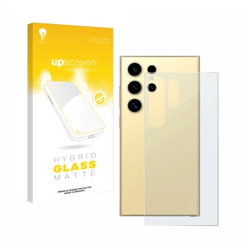 Vorderseite einer Produktverpackung mit dem Markenlogo upscreen. Daneben ist das Gerät Samsung Galaxy S24 Ultra (Rückseite) mi