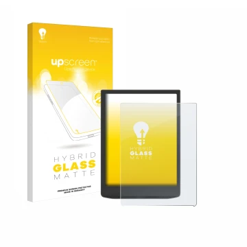 Vorderseite einer Produktverpackung mit dem Markenlogo upscreen. Daneben ist das Gerät Vivlio InkPad 4 mit dem zugehörigen Dis