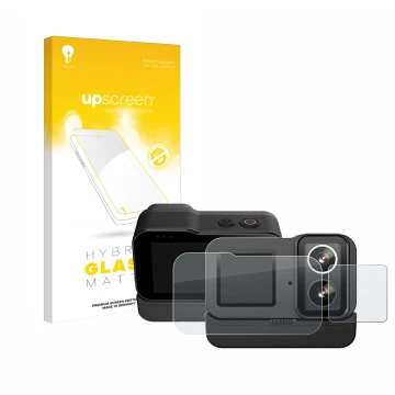 Vorderseite einer Produktverpackung mit dem Markenlogo upscreen. Daneben ist das Gerät SJCAM SJ20 Dual Lens mit dem zugehörige