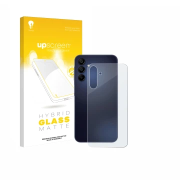 Vorderseite einer Produktverpackung mit dem Markenlogo upscreen. Daneben ist das Gerät Samsung Galaxy A15 5G (Rückseite) mit d