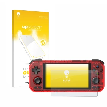 Vorderseite einer Produktverpackung mit dem Markenlogo upscreen. Daneben ist das Gerät Retroid Pocket 4 Pro mit dem zugehörige