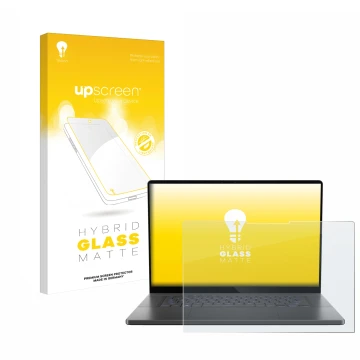 Vorderseite einer Produktverpackung mit dem Markenlogo upscreen. Daneben ist das Gerät ASUS ROG Zephyrus G16 2024 mit dem zuge