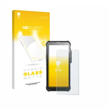 Vorderseite einer Produktverpackung mit dem Markenlogo upscreen. Daneben ist das Gerät RugGear RG880 mit dem zugehörigen Displ