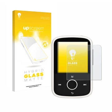 Vorderseite einer Produktverpackung mit dem Markenlogo upscreen. Daneben ist das Gerät Majority MP3 16GB mit dem zugehörigen D