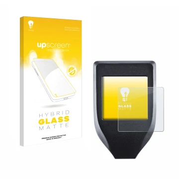 Vorderseite einer Produktverpackung mit dem Markenlogo upscreen. Daneben ist das Gerät Trezor Model T mit dem zugehörigen Disp