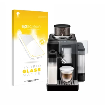 Vorderseite einer Produktverpackung mit dem Markenlogo upscreen. Daneben ist das Gerät DeLonghi Rivelia mit dem zugehörigen Di