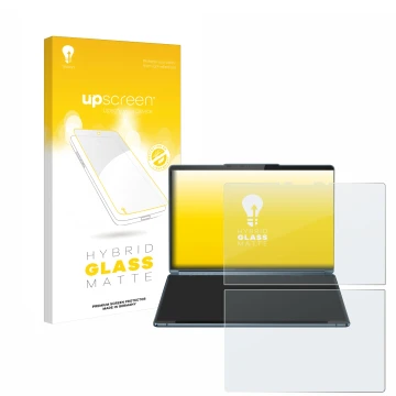 Vorderseite einer Produktverpackung mit dem Markenlogo upscreen. Daneben ist das Gerät Lenovo Yoga Book 9i Gen 9 mit dem zugeh