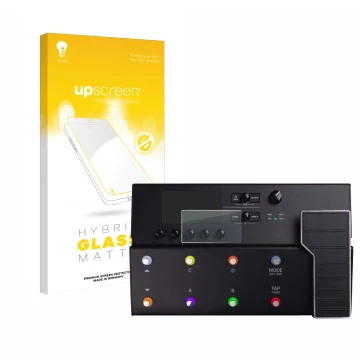 Vorderseite einer Produktverpackung mit dem Markenlogo upscreen. Daneben ist das Gerät Line 6 POD Go mit dem zugehörigen Displ