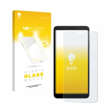 Vorderseite einer Produktverpackung mit dem Markenlogo upscreen. Daneben ist das Gerät TCL 501 mit dem zugehörigen Displayschu