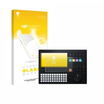 Vorderseite einer Produktverpackung mit dem Markenlogo upscreen. Daneben ist das Gerät Polyend Tracker mit dem zugehörigen Dis