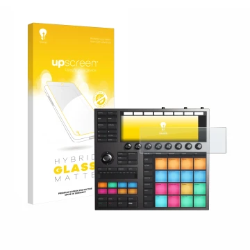 Vorderseite einer Produktverpackung mit dem Markenlogo upscreen. Daneben ist das Gerät Native Instruments Maschine + mit dem z