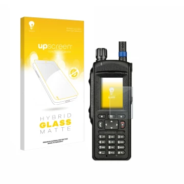 Vorderseite einer Produktverpackung mit dem Markenlogo upscreen. Daneben ist das Gerät Motorola MTP6650 mit dem zugehörigen Di