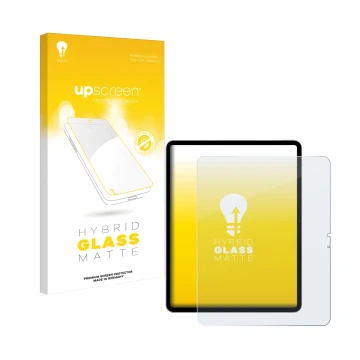 Vorderseite einer Produktverpackung mit dem Markenlogo upscreen. Daneben ist das Gerät Apple iPad Air 13