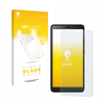 Vorderseite einer Produktverpackung mit dem Markenlogo upscreen. Daneben ist das Gerät ZTE Blade A32 mit dem zugehörigen Displ