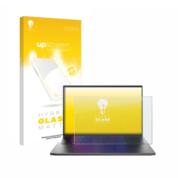 Vorderseite einer Produktverpackung mit dem Markenlogo upscreen. Daneben ist das Gerät Acer Swift Go 16 mit dem zugehörigen Di