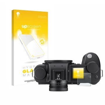 Vorderseite einer Produktverpackung mit dem Markenlogo upscreen. Daneben ist das Gerät Leica SL3 (Schulterdisplay) mit dem zug