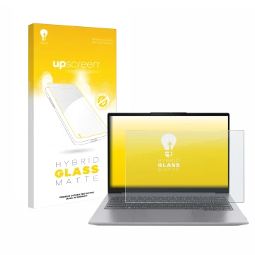 Vorderseite einer Produktverpackung mit dem Markenlogo upscreen. Daneben ist das Gerät Lenovo ThinkBook 16 Gen 6 mit dem zugeh