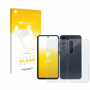 Vorderseite einer Produktverpackung mit dem Markenlogo upscreen. Daneben ist das Gerät Samsung Galaxy A55 5G (Display+Rückseit