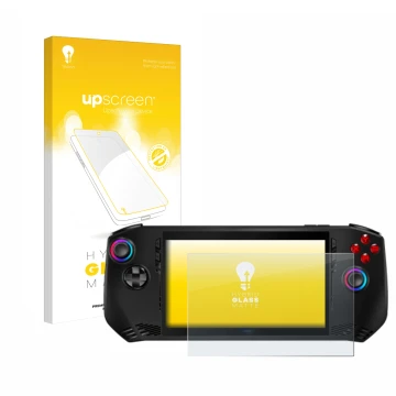 Vorderseite einer Produktverpackung mit dem Markenlogo upscreen. Daneben ist das Gerät MSI Claw A1M mit dem zugehörigen Displa