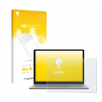 Vorderseite einer Produktverpackung mit dem Markenlogo upscreen. Daneben ist das Gerät Microsoft Surface Laptop 6 13.5