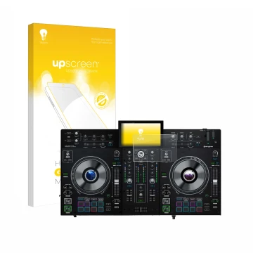 Vorderseite einer Produktverpackung mit dem Markenlogo upscreen. Daneben ist das Gerät Denon DJ Prime 2 mit dem zugehörigen Di
