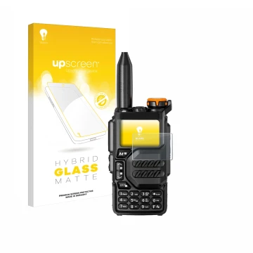 Vorderseite einer Produktverpackung mit dem Markenlogo upscreen. Daneben ist das Gerät Quansheng UV-K5 mit dem zugehörigen Dis