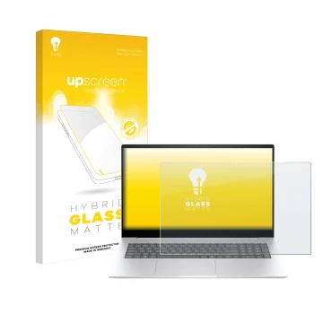 Vorderseite einer Produktverpackung mit dem Markenlogo upscreen. Daneben ist das Gerät HP Envy 17 2024 mit dem zugehörigen Dis
