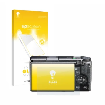 Vorderseite einer Produktverpackung mit dem Markenlogo upscreen. Daneben ist das Gerät Ricoh GR IIIx HDF mit dem zugehörigen D