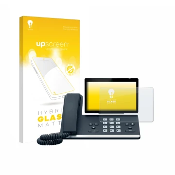Vorderseite einer Produktverpackung mit dem Markenlogo upscreen. Daneben ist das Gerät Yealink SIP-T57W mit dem zugehörigen Di