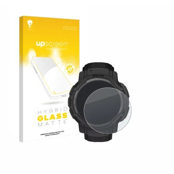 Vorderseite einer Produktverpackung mit dem Markenlogo upscreen. Daneben ist das Gerät Garmin Instinct Crossover Solar mit dem