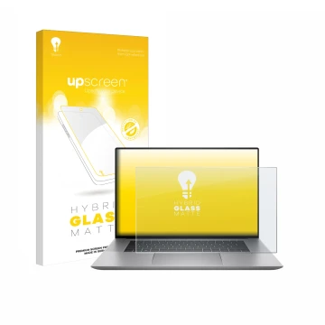 Vorderseite einer Produktverpackung mit dem Markenlogo upscreen. Daneben ist das Gerät HP Zbook Studio 16 G10 mit dem zugehöri
