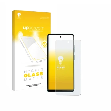 Vorderseite einer Produktverpackung mit dem Markenlogo upscreen. Daneben ist das Gerät Motorola Moto G04s mit dem zugehörigen 