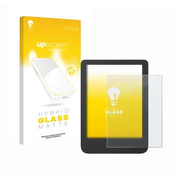 Vorderseite einer Produktverpackung mit dem Markenlogo upscreen. Daneben ist das Gerät Tolino Shine 5 Color 2024 mit dem zugeh