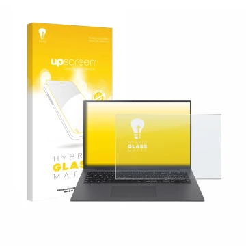 Vorderseite einer Produktverpackung mit dem Markenlogo upscreen. Daneben ist das Gerät LG gram 17