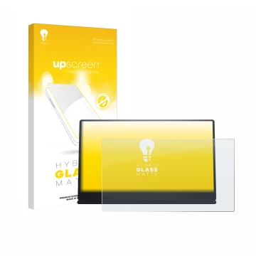 Vorderseite einer Produktverpackung mit dem Markenlogo upscreen. Daneben ist das Gerät Dell P1424H mit dem zugehörigen Display