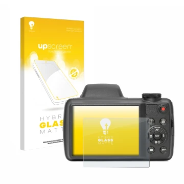 Vorderseite einer Produktverpackung mit dem Markenlogo upscreen. Daneben ist das Gerät Kodak Pixpro AZ528 mit dem zugehörigen 