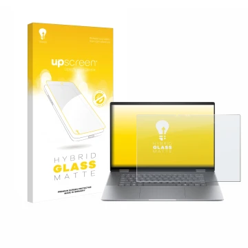 Vorderseite einer Produktverpackung mit dem Markenlogo upscreen. Daneben ist das Gerät HP Envy x360 2-in-1 16 mit dem zugehöri